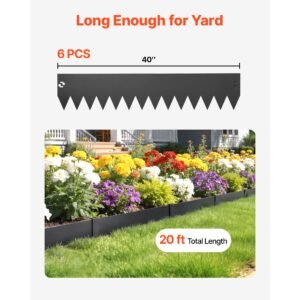 galvanized steel landscape edging, 6 pack 40 x 8 inch metal edging for landscaping with 6 mounting clips, bendable metal garden edge border for flower bed, yard pathway, black