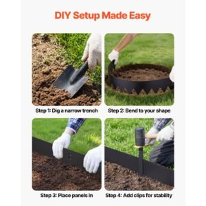 galvanized steel landscape edging, 6 pack 40 x 8 inch metal edging for landscaping with 6 mounting clips, bendable metal garden edge border for flower bed, yard pathway, black