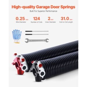 garage door torsion springs, pair of 0.25 x 2 x 31 in, 16000 cycles, electrophoresis black coated for replacement, garage door springs with non slip winding bars, gloves and mounting wrench