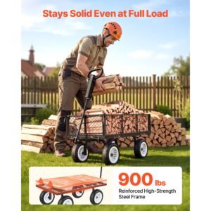 garden cart, 900 lbs, heavy duty steel yard and garden utility wagon with 10 inch tires, outdoor gardening stool with adjustable handle, detachable side panels, attach to atv or tractor, black