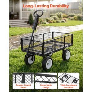 garden cart, 900 lbs, heavy duty steel yard and garden utility wagon with 10 inch tires, outdoor gardening stool with adjustable handle, detachable side panels, attach to atv or tractor, black