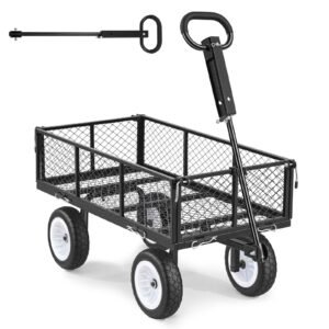 Garden Cart, 900 LBS, Heavy Duty Steel Yard and Garden Utility Wagon with 10-Inch Tires, Outdoor Gardening Stool with Adjustable Handle, Detachable Side Panels, Attach to ATV or Tractor, Black