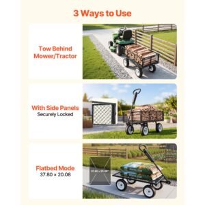 garden cart, 900 lbs, heavy duty steel yard and garden utility wagon with 10 inch tires, outdoor gardening stool with adjustable handle, detachable side panels, attach to atv or tractor, black