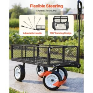 garden cart, 900 lbs, heavy duty steel yard and garden utility wagon with 10 inch tires, outdoor gardening stool with adjustable handle, detachable side panels, attach to atv or tractor, black