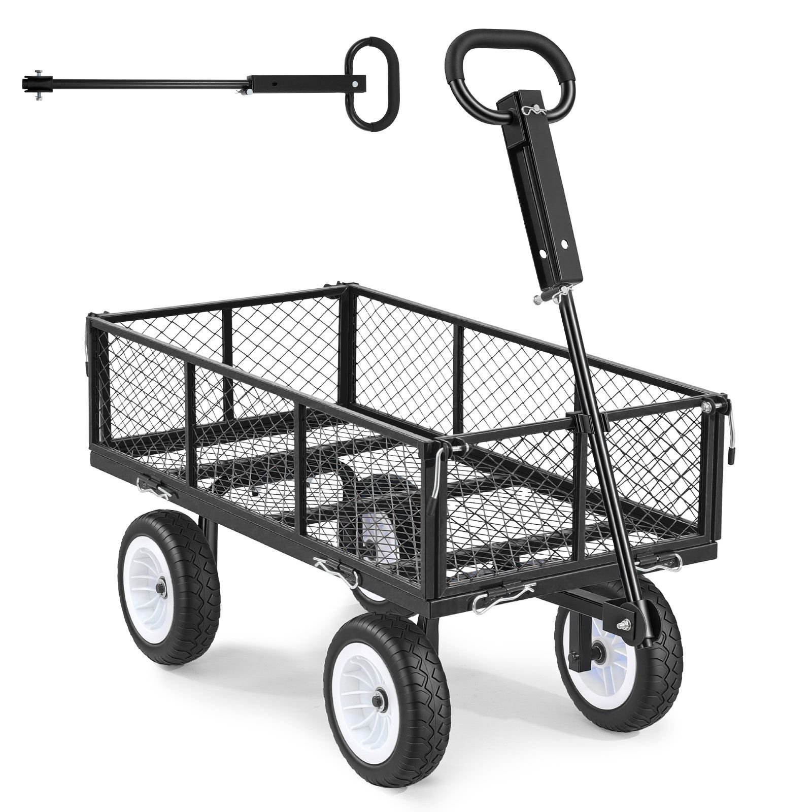 garden cart, 900 lbs, heavy duty steel yard and garden utility wagon with 10 inch tires, outdoor gardening stool with adjustable handle, detachable side panels, attach to atv or tractor, black
