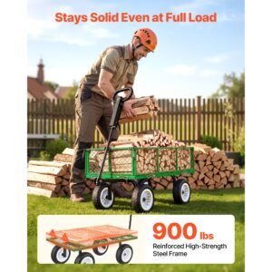 garden cart, 900 lbs, heavy duty steel yard and garden utility wagon with 10 inch tires, outdoor gardening stool with adjustable handle, detachable side panels, attach to atv or tractor, green