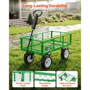 garden cart, 900 lbs, heavy duty steel yard and garden utility wagon with 10 inch tires, outdoor gardening stool with adjustable handle, detachable side panels, attach to atv or tractor, green
