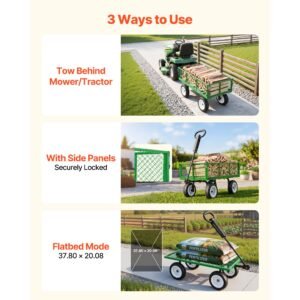 garden cart, 900 lbs, heavy duty steel yard and garden utility wagon with 10 inch tires, outdoor gardening stool with adjustable handle, detachable side panels, attach to atv or tractor, green