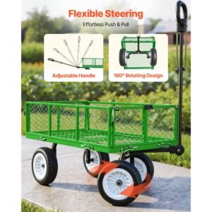 garden cart, 900 lbs, heavy duty steel yard and garden utility wagon with 10 inch tires, outdoor gardening stool with adjustable handle, detachable side panels, attach to atv or tractor, green