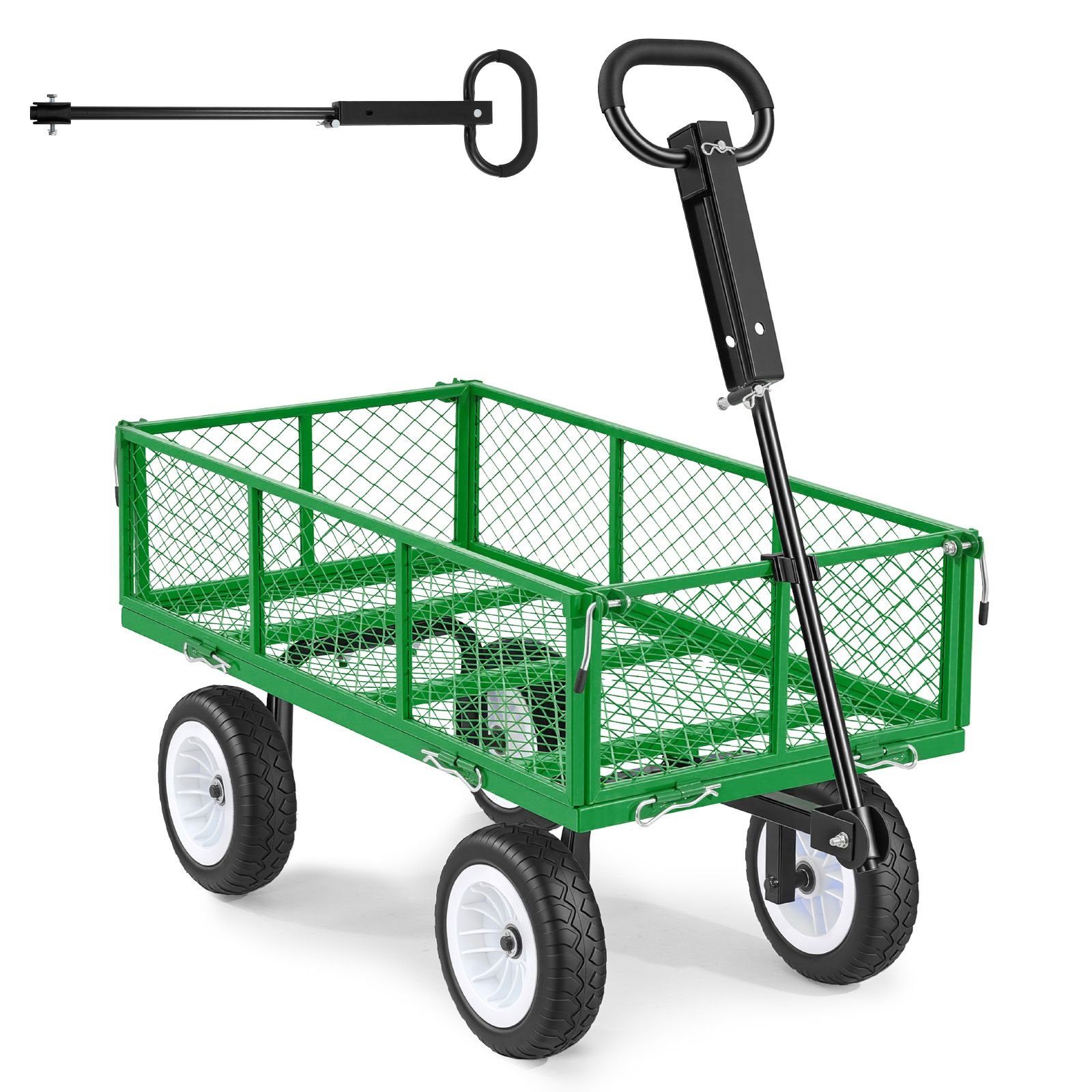 garden cart, 900 lbs, heavy duty steel yard and garden utility wagon with 10 inch tires, outdoor gardening stool with adjustable handle, detachable side panels, attach to atv or tractor, green