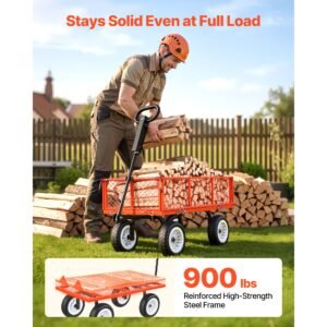 garden cart, 900 lbs, heavy duty steel yard and garden utility wagon with 10 inch tires, outdoor gardening stool with adjustable handle, detachable side panels, attach to atv or tractor, red
