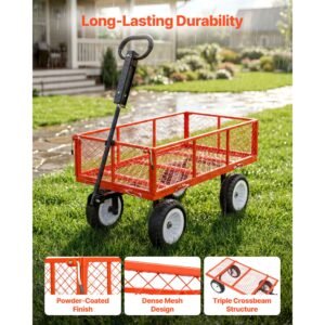 garden cart, 900 lbs, heavy duty steel yard and garden utility wagon with 10 inch tires, outdoor gardening stool with adjustable handle, detachable side panels, attach to atv or tractor, red