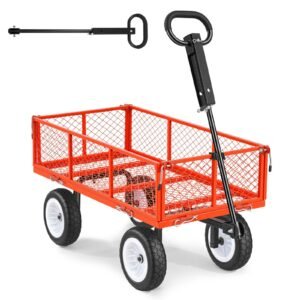 Garden Cart, 900 LBS, Heavy Duty Steel Yard and Garden Utility Wagon with 10-Inch Tires, Outdoor Gardening Stool with Adjustable Handle, Detachable Side Panels, Attach to ATV or Tractor, Red