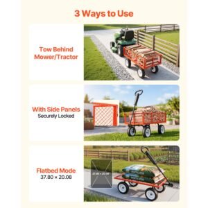 garden cart, 900 lbs, heavy duty steel yard and garden utility wagon with 10 inch tires, outdoor gardening stool with adjustable handle, detachable side panels, attach to atv or tractor, red