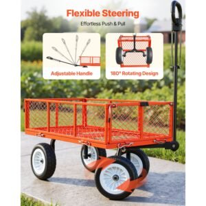 garden cart, 900 lbs, heavy duty steel yard and garden utility wagon with 10 inch tires, outdoor gardening stool with adjustable handle, detachable side panels, attach to atv or tractor, red