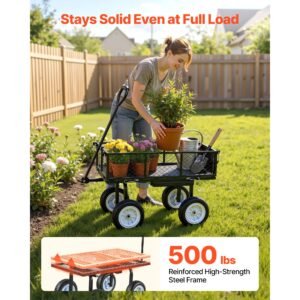 garden cart with seat, 500 lbs, rolling steel garden work seat with wheels, heavy duty gardening stool, with tool tray & adjustable handle, outdoor yard wagon, for lawn, patio, backyard, black