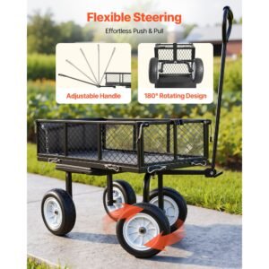 garden cart with seat, 500 lbs, rolling steel garden work seat with wheels, heavy duty gardening stool, with tool tray & adjustable handle, outdoor yard wagon, for lawn, patio, backyard, black