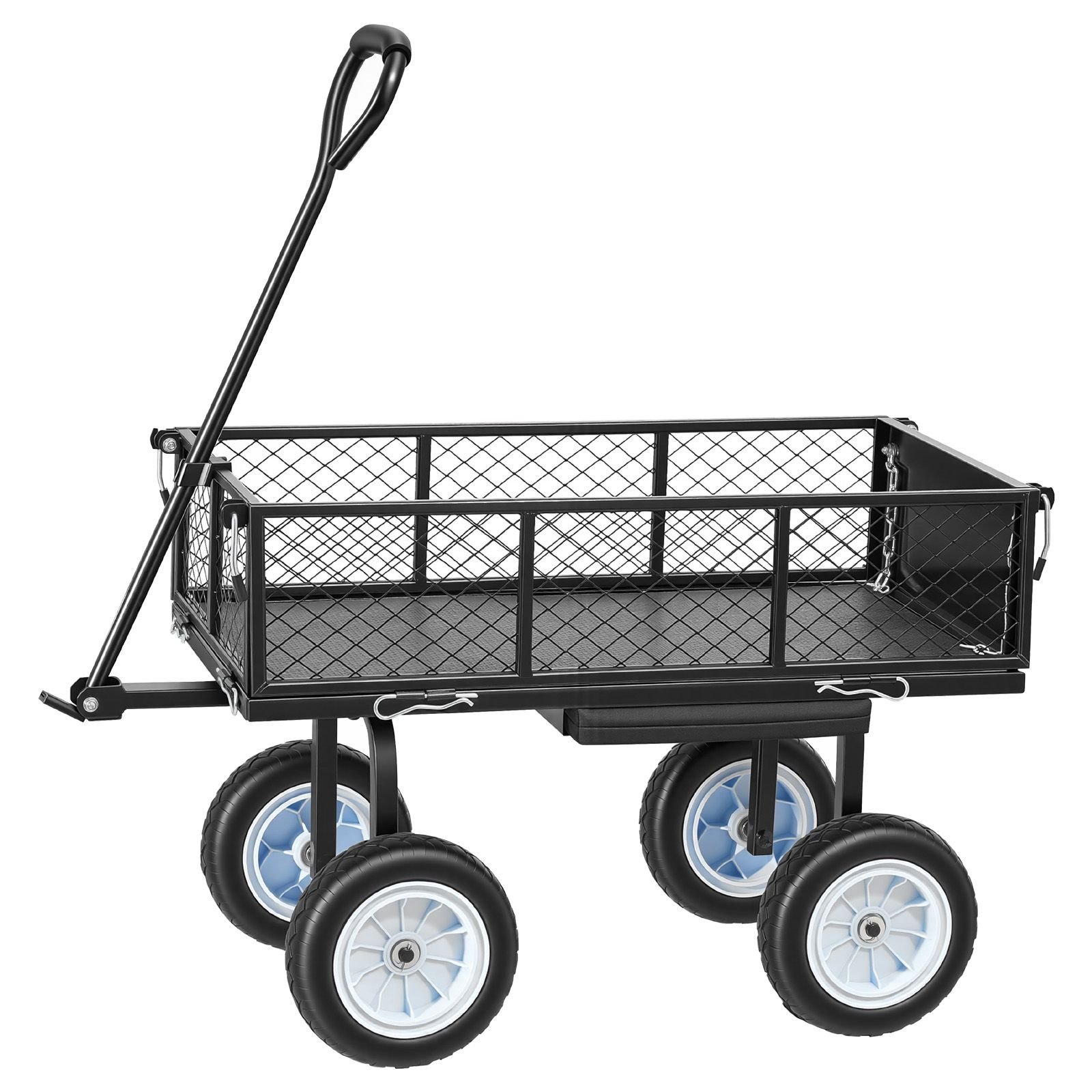 garden cart with seat, 500 lbs, rolling steel garden work seat with wheels, heavy duty gardening stool, with tool tray & adjustable handle, outdoor yard wagon, for lawn, patio, backyard, black