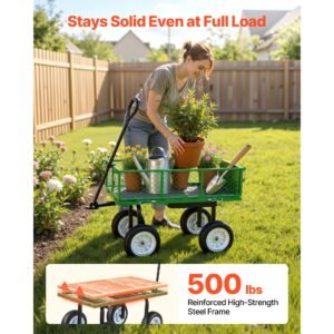 garden cart with seat, 500 lbs, rolling steel garden work seat with wheels, heavy duty gardening stool, with tool tray & adjustable handle, outdoor yard wagon, for lawn, patio, backyard, green