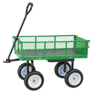 Garden Cart with Seat, 500 LBS, Rolling Steel Garden Work Seat with Wheels, Heavy Duty Gardening Stool, with Tool Tray & Adjustable Handle, Outdoor Yard Wagon, for Lawn, Patio, Backyard, Green