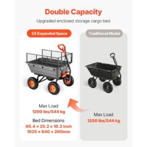 garden dump cart, 1200 lbs poly dump cart, garden carts dumps wagon with storage fence, 2 in 1 convertible handle, 90° quick dumps mechanism, 180° swivel wheels, yard wagon for plants, soil