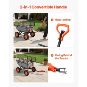 garden dump cart, 1200 lbs poly dump cart, garden carts dumps wagon with storage fence, 2 in 1 convertible handle, 90° quick dumps mechanism, 180° swivel wheels, yard wagon for plants, soil