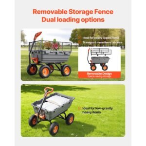 garden dump cart, 1200 lbs poly dump cart, garden carts dumps wagon with storage fence, 2 in 1 convertible handle, 90° quick dumps mechanism, 180° swivel wheels, yard wagon for plants, soil