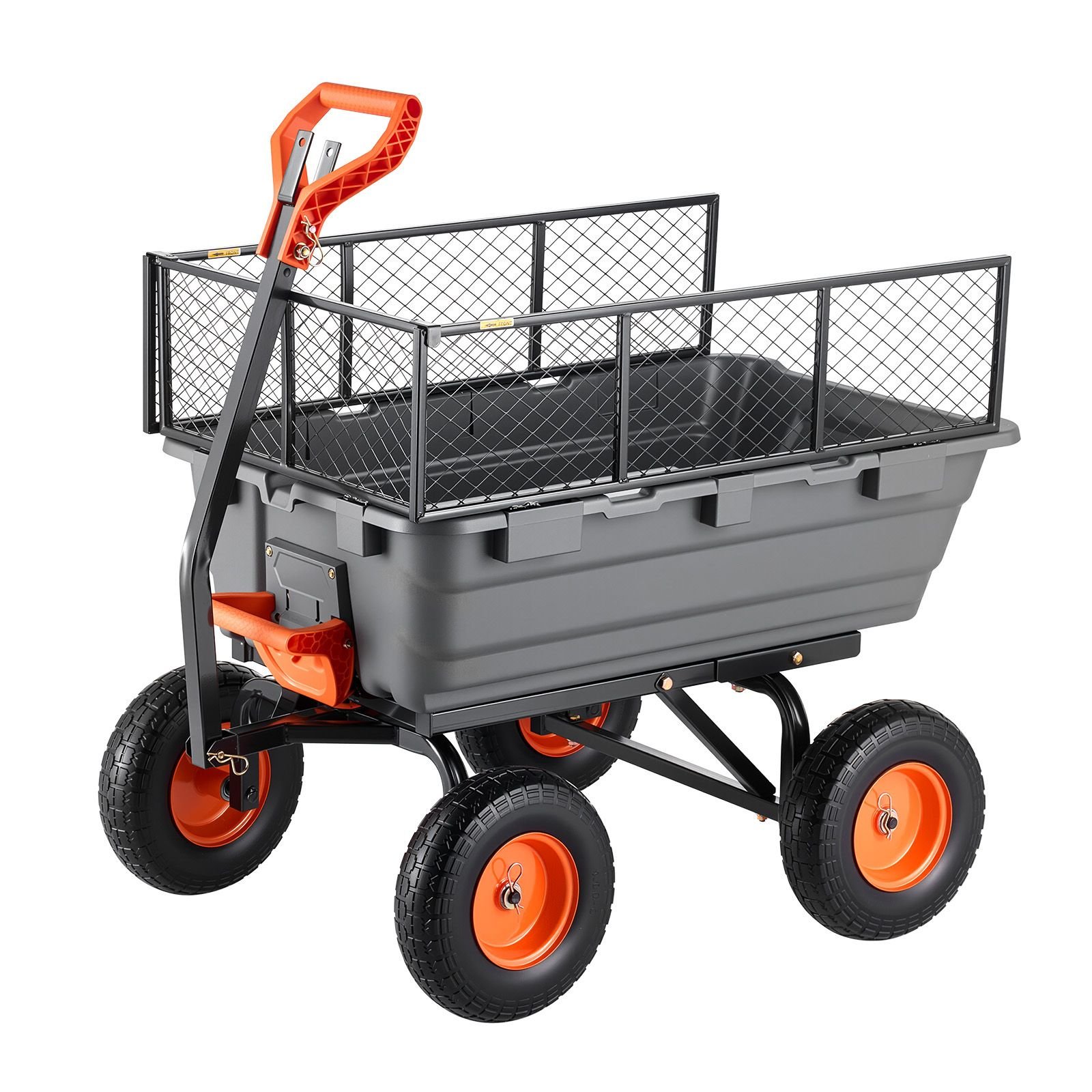 garden dump cart, 1200 lbs poly dump cart, garden carts dumps wagon with storage fence, 2 in 1 convertible handle, 90° quick dumps mechanism, 180° swivel wheels, yard wagon for plants, soil