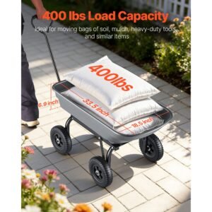 garden dump cart, 400 lbs poly dump cart, garden carts dumps wagon with 90° quick dumps mechanism, 180° swivel wheels, 270° flexible rotating bearings, yard wagon for plants, soil, crops