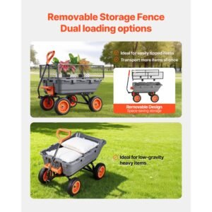 garden dump cart, 800 lbs poly dump cart, garden carts dumps wagon with storage fence, 90° quick dumps mechanism, 180° swivel wheels, 90° rotating handle, yard wagon for plants, soil, crops