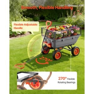 garden dump cart, 800 lbs poly dump cart, garden carts dumps wagon with storage fence, 90° quick dumps mechanism, 180° swivel wheels, 90° rotating handle, yard wagon for plants, soil, crops