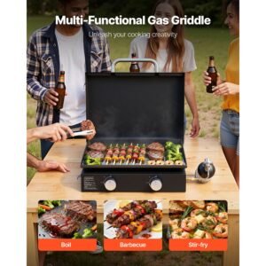 gas griddle, 2 burner tabletop griddle, 22 inch portable griddles propane with lid, oil drain hole & oil collection tray, 2 x 11000btu camping flat top grill for outdoor cooking, tailgating