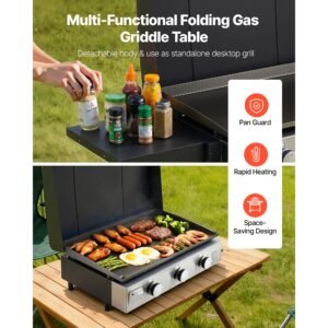 gas griddle, 3 burner flat top grill, propane griddle with wheels, lid, 3 x 11000 btu outdoor flat top grills for pan frying, grilling, stir frying, & bbq, pulse ignition, removable top design