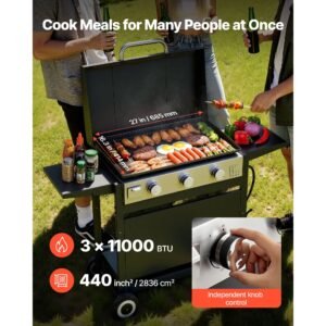 gas griddle, 3 burner flat top grill, propane griddle with wheels, lid, 3 x 11000 btu outdoor flat top grills for pan frying, grilling, stir frying, & bbq, pulse ignition, removable top design