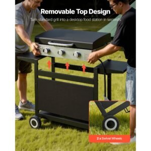 gas griddle, 3 burner flat top grill, propane griddle with wheels, lid, 3 x 11000 btu outdoor flat top grills for pan frying, grilling, stir frying, & bbq, pulse ignition, removable top design