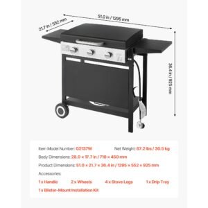 gas griddle, 3 burner flat top grill, propane griddle with wheels, lid, 3 x 11000 btu outdoor flat top grills for pan frying, grilling, stir frying, & bbq, pulse ignition, removable top design