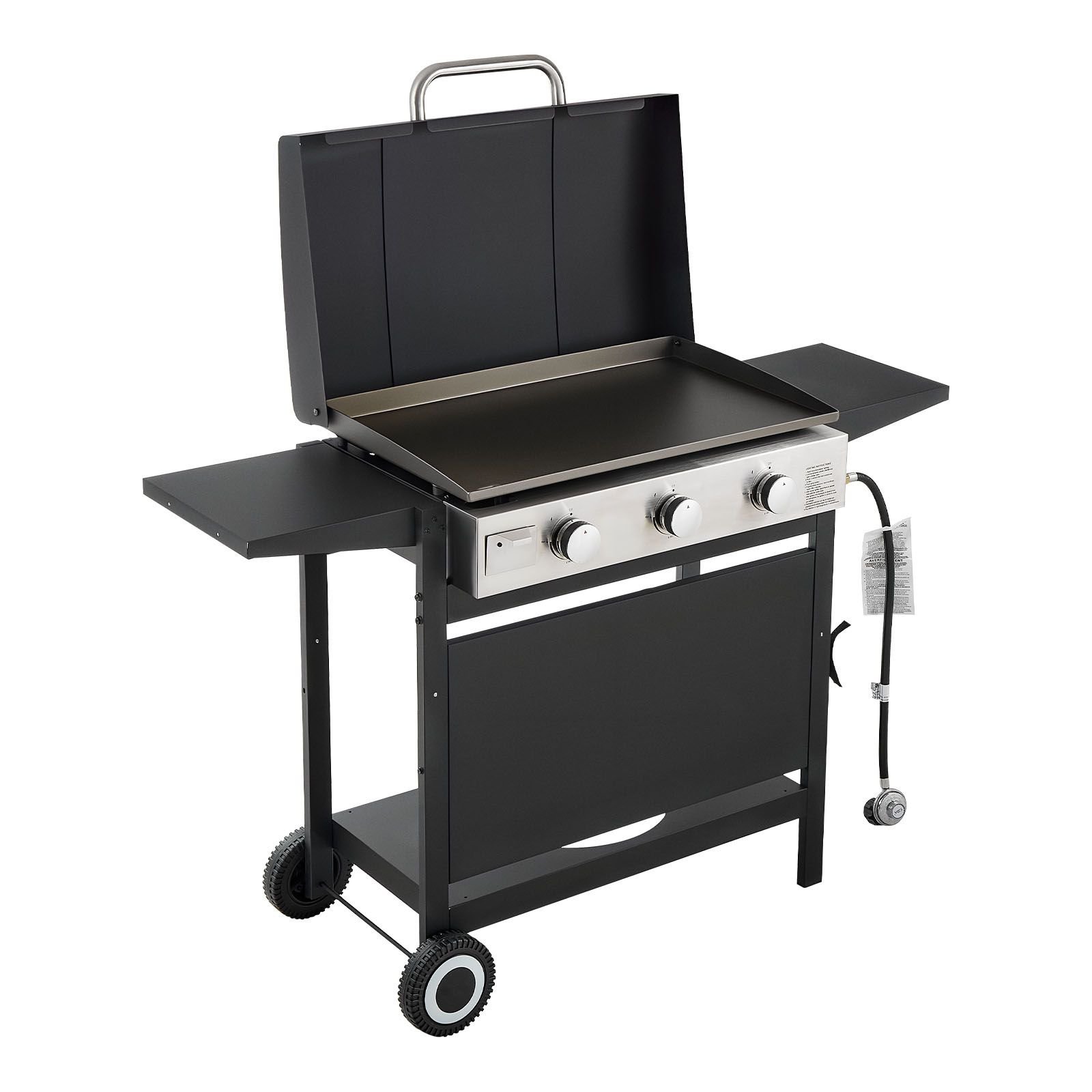 gas griddle, 3 burner flat top grill, propane griddle with wheels, lid, 3 x 11000 btu outdoor flat top grills for pan frying, grilling, stir frying, & bbq, pulse ignition, removable top design
