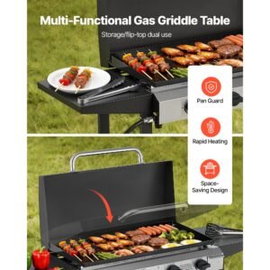 gas griddle, 4 burner flat top grill, 29 inch grill plate propane griddle with wheels, lid, 28000 btu outdoor flat top grills for pan frying, grilling, stir frying, & bbq, pulse ignition