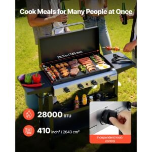 gas griddle, 4 burner flat top grill, 29 inch grill plate propane griddle with wheels, lid, 28000 btu outdoor flat top grills for pan frying, grilling, stir frying, & bbq, pulse ignition