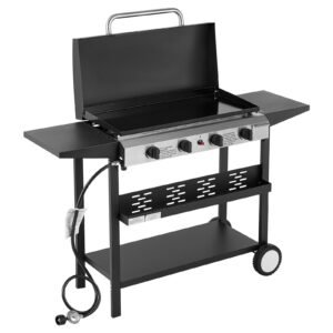 Gas Griddle, 4-Burner Flat Top Grill, 29 inch Grill Plate Propane Griddle with Wheels, Lid, 28000 BTU Outdoor Flat Top Grills for Pan-Frying, Grilling, Stir-Frying, & BBQ, Pulse Ignition