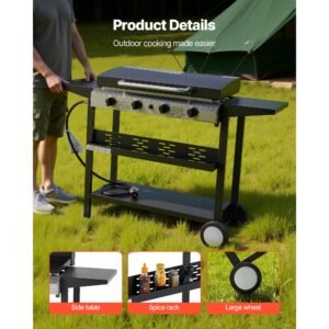 gas griddle, 4 burner flat top grill, 29 inch grill plate propane griddle with wheels, lid, 28000 btu outdoor flat top grills for pan frying, grilling, stir frying, & bbq, pulse ignition