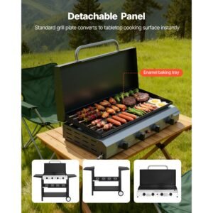 gas griddle, 4 burner flat top grill, 29 inch grill plate propane griddle with wheels, lid, 28000 btu outdoor flat top grills for pan frying, grilling, stir frying, & bbq, pulse ignition