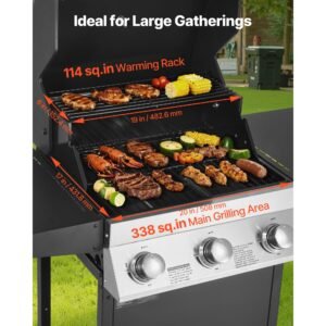 gas grill, 3 burner propane gas grill with spacious 338 sq.in grilling area, carbon steel enamel grates, outdoor 36,000 btu patio garden bbq grills with foldable side shelves, carbon steel