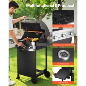 gas grill, 3 burner propane gas grill with spacious 338 sq.in grilling area, carbon steel enamel grates, outdoor 36,000 btu patio garden bbq grills with foldable side shelves, carbon steel