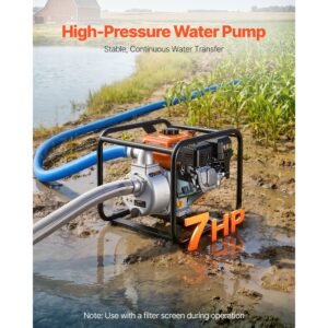 gas powered water pump, 2 in, 132 gpm 7hp semi trash water transfer pump portable, gasoline engine with 25 ft discharge hose, heavy duty frame, cast iron impeller, for irrigation, ponds, pools