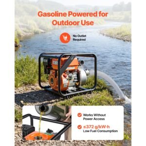 gas powered water pump, 2 in, 132 gpm 7hp semi trash water transfer pump portable, gasoline engine with 25 ft discharge hose, heavy duty frame, cast iron impeller, for irrigation, ponds, pools