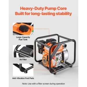 gas powered water pump, 2 in, 132 gpm 7hp semi trash water transfer pump portable, gasoline engine with 25 ft discharge hose, heavy duty frame, cast iron impeller, for irrigation, ponds, pools