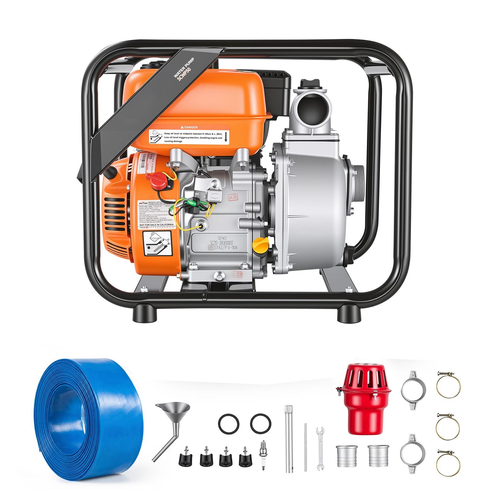 gas powered water pump, 2 in, 132 gpm 7hp semi trash water transfer pump portable, gasoline engine with 25 ft discharge hose, heavy duty frame, cast iron impeller, for irrigation, ponds, pools