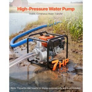 gas powered water pump, 2 in, 142 gpm 7hp semi trash water transfer pump portable, gasoline engine with 25 ft discharge hose, heavy duty frame, cast iron impeller, for irrigation, ponds, pools