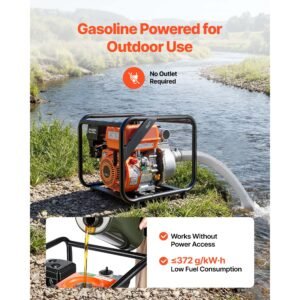 gas powered water pump, 2 in, 142 gpm 7hp semi trash water transfer pump portable, gasoline engine with 25 ft discharge hose, heavy duty frame, cast iron impeller, for irrigation, ponds, pools